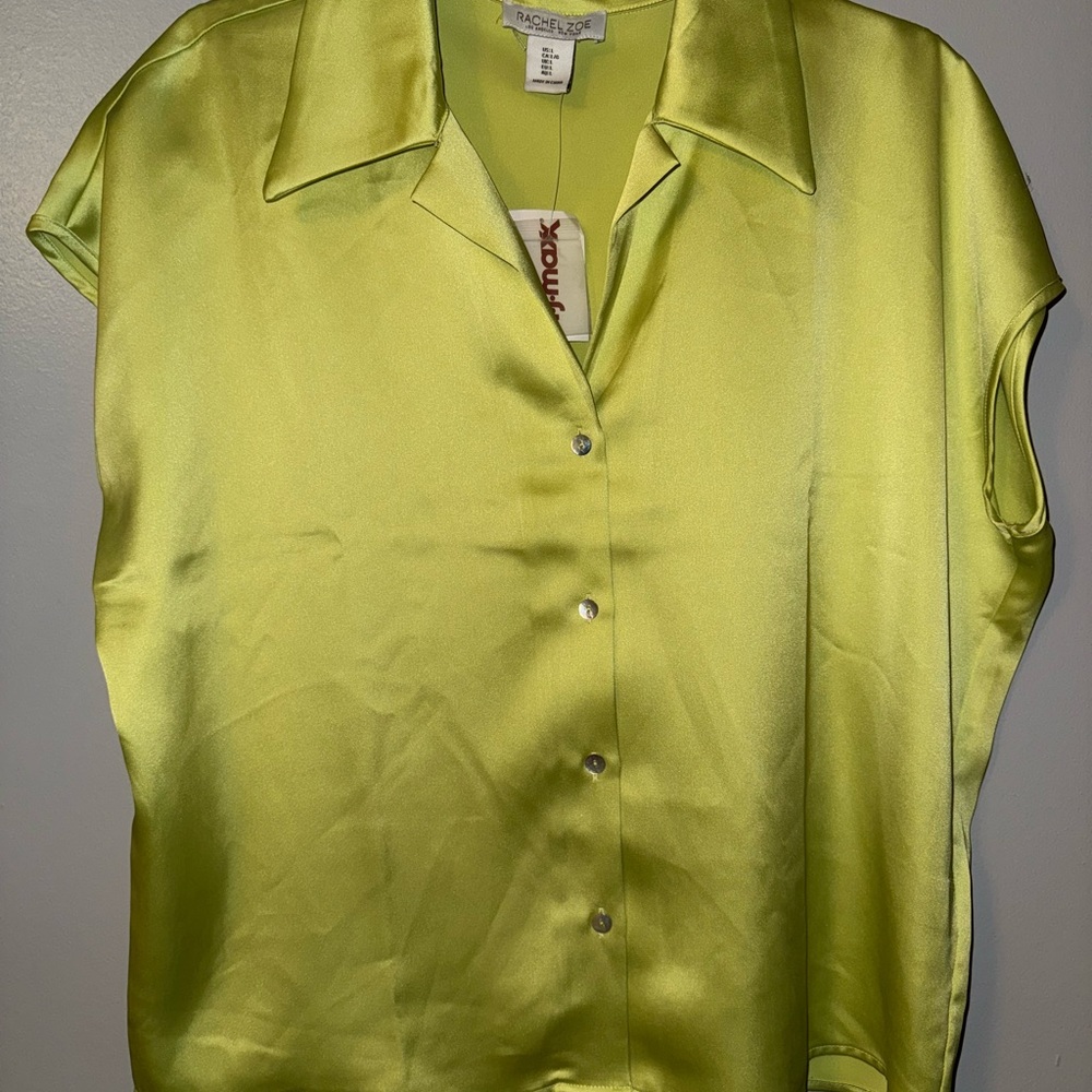Rachel Zoe Satin Button Down Shirt - Lime